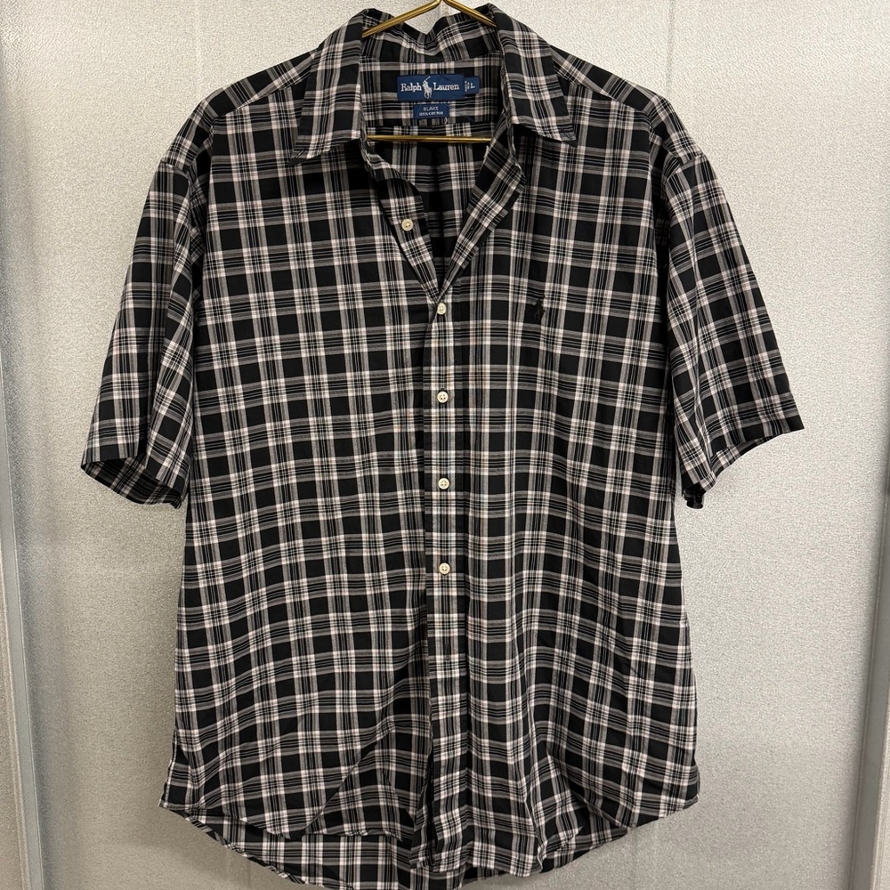 Ralph Lauren Blake Short Sleeve Button Down Black Plaid Shirt Mens L